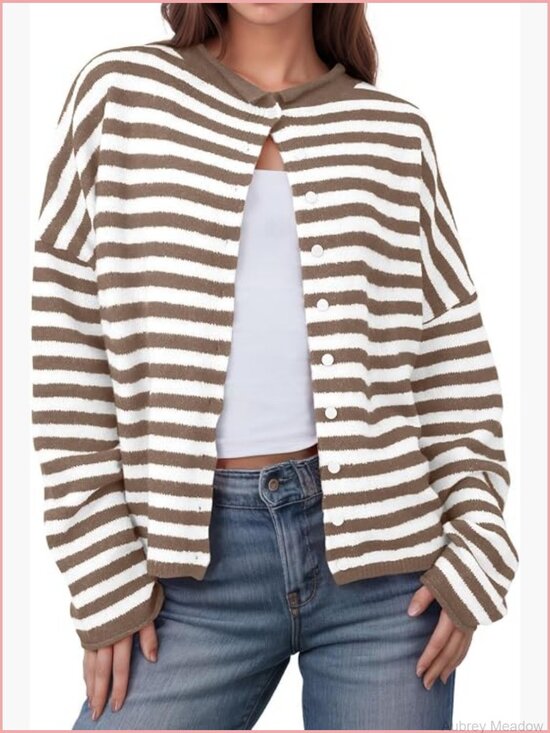Sweaters - Button Down Striped Knit Cardigan Sweater Open Front Long Sleeve Loose Fit